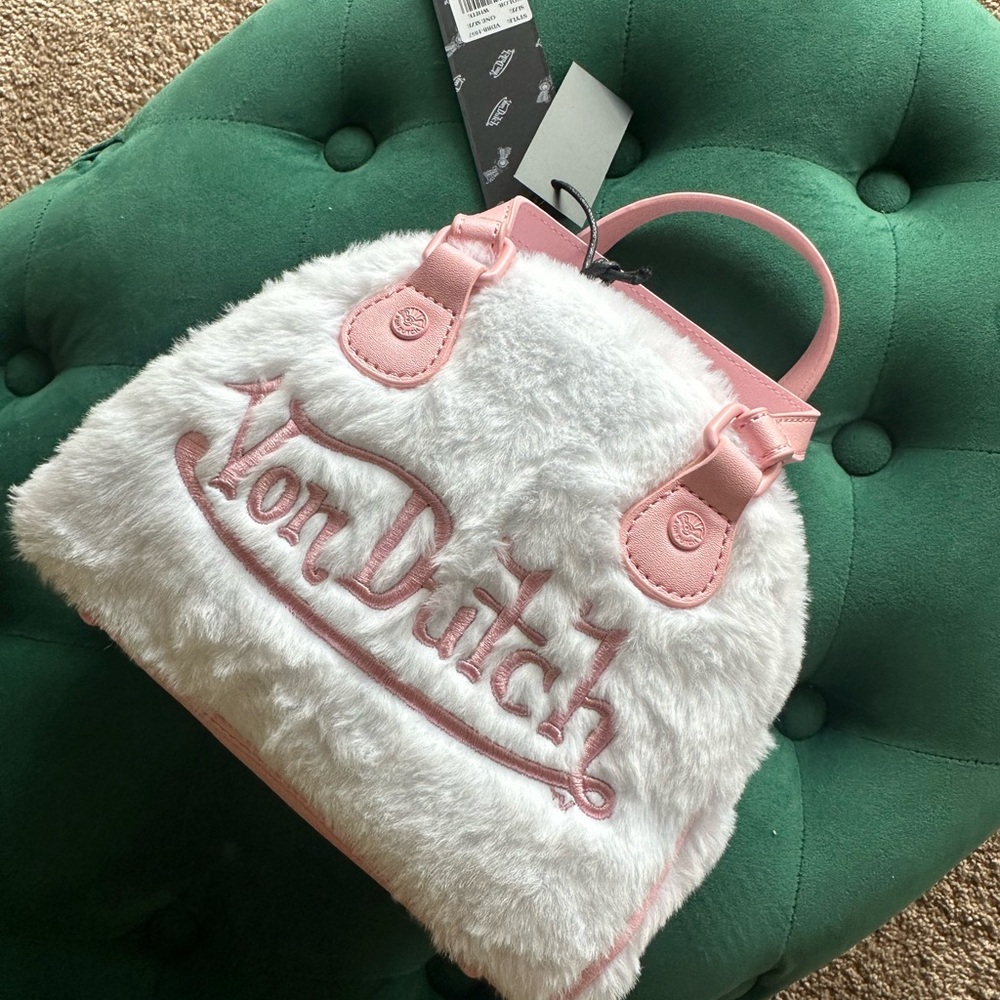 Von Dutch White Faux Fur Mini Tote with Pink Trim